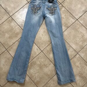 Y2k Miss Me low rise distressed blue bootcut jeans rhinestone embellishments